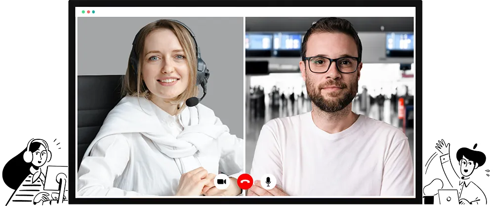 Customer support agent assisting an airport passenger through a video call on a self-service kiosk