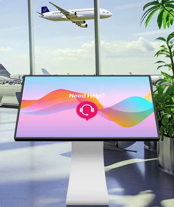 Passenger service kiosk screen in airport terminal showing live video support