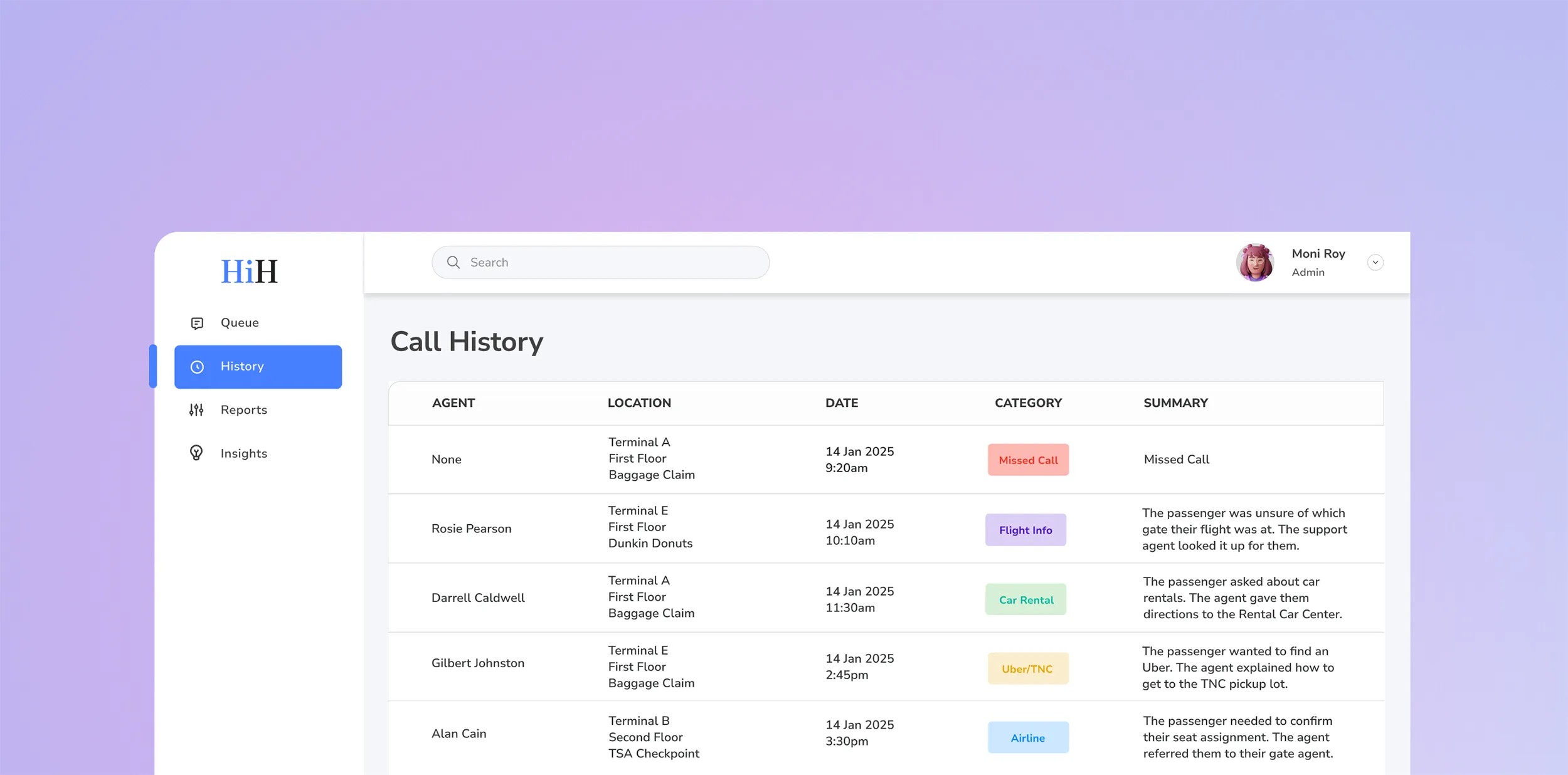 Support dashboard interface showing call history table with passenger interaction details